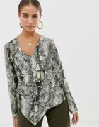 Asos Design Long Sleeve Top With Wrap Plunge Neck In Snake Animal Print-multi