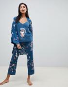 Women'secret Hello Kitty Japan Cami Top Long Pyjama Set With Kimono In Green - Green