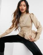 River Island Frill Neck Sweater In Brown