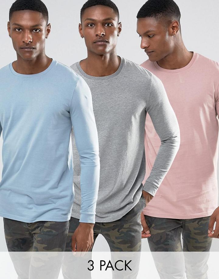 Asos Tall 3 Pack Longline Long Sleeve T-shirt In Blue/gray Marl/pink Save - Multi