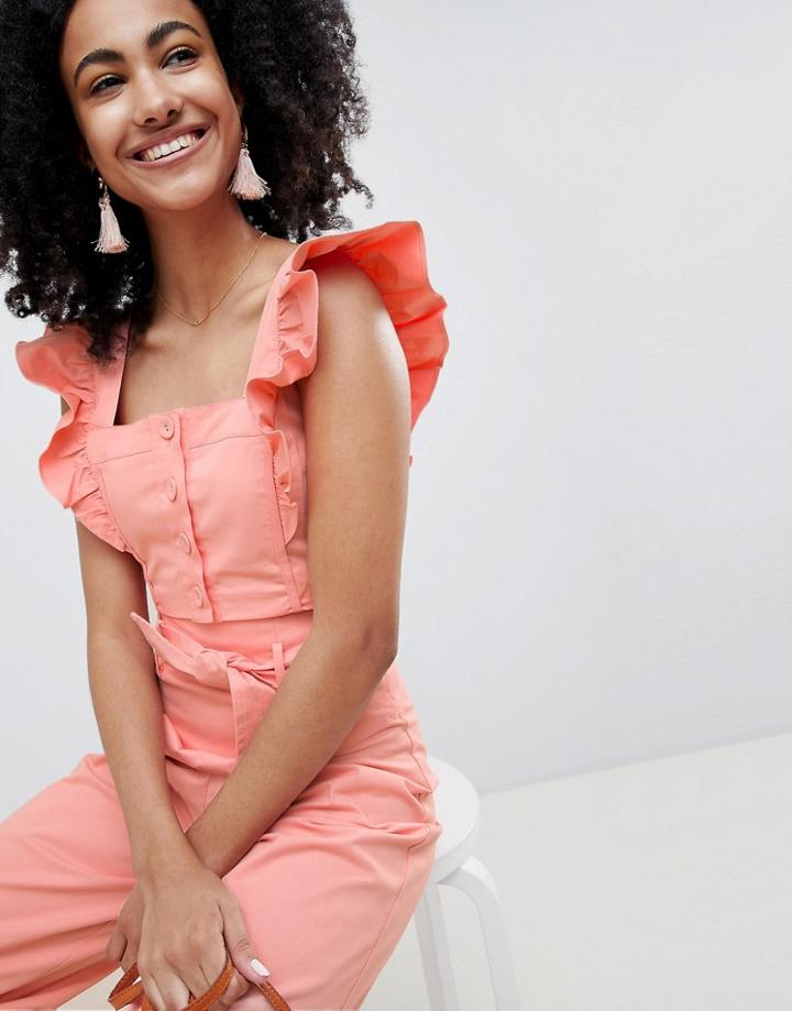 Lost Ink Button Front Crop Top With Frill Shoulders Two-piece - Pink