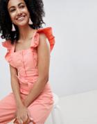 Lost Ink Button Front Crop Top With Frill Shoulders Two-piece - Pink