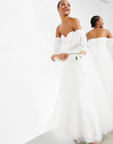 Asos Edition Mila Off Shoulder Embroidered Mesh Wedding Dress-white