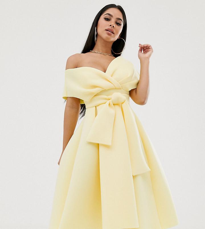 Asos Design Petite Fallen Shoulder Prom Dress With Tie Detail-yellow