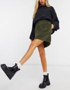 Noisy May Cord Mini Skirt With Paperbag Waist In Khaki-green