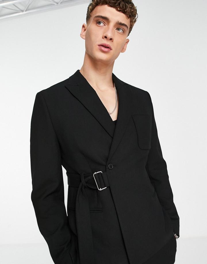 Asos Design Skinny Belted Suit Jacket In Black
