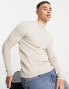 Asos Design Knitted Muscle Fit Turtle Neck Sweater In Oatmeal-neutral
