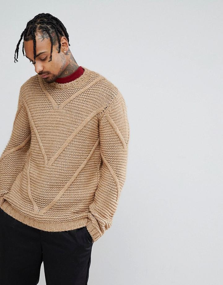 Asos Knitted Midweight Textured Sweater With Cable Panels - Brown