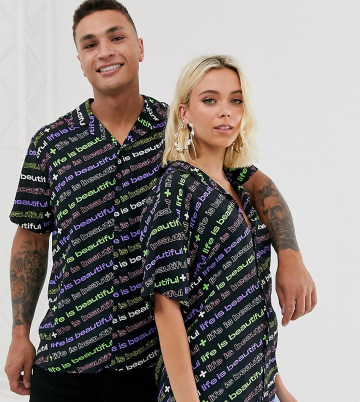 Life Is Beautiful Unisex All Over Logo Print Revere Shirt-black