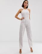 Club L London Lace Cut Away Jumpsuit-white