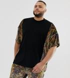 Asos Design Plus Two-piece Oversized T-shirt With Floral Velour Panels And Sleeve - Black