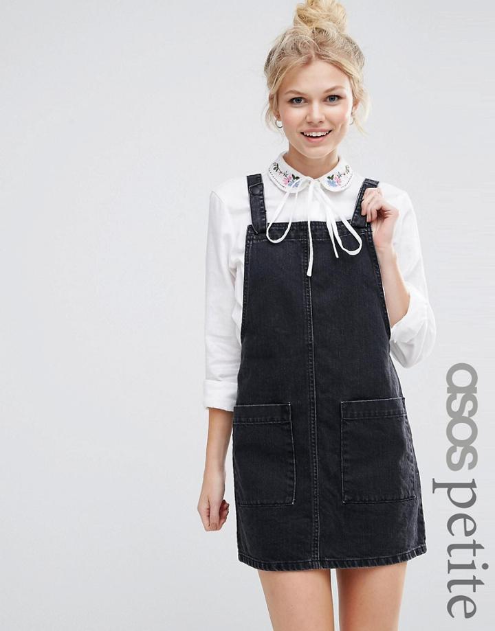 Asos Petite Denim Mini Pinafore In Washed Black - Black