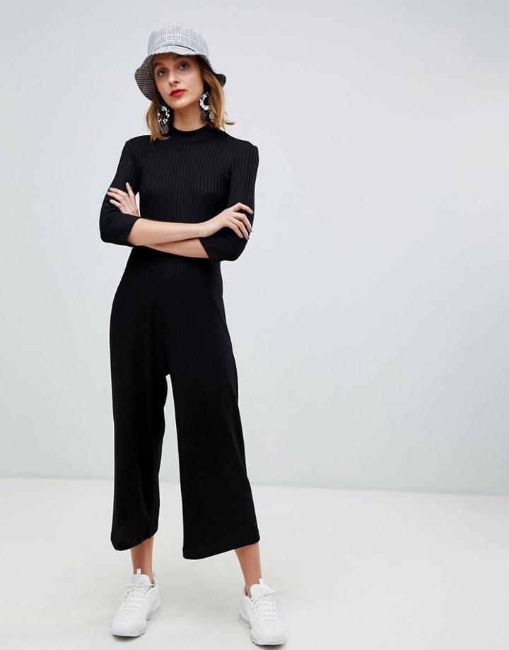 Stradivarius Ribbed High Neck Wide Leg Jumpsuit - Blue