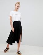 Asos Design Midi Skater Skirt With Split And Poppers - Black