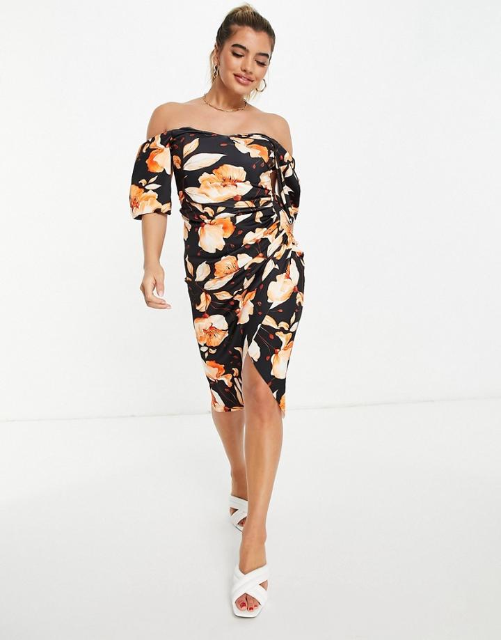 Asos Design Sweetheart Neck Wrap Tuck Off Shoulder Bardot Midi Dress In Floral Print-multi