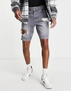 Asos Design Slim Denim Shorts In Washed Gray With Heavy Rips