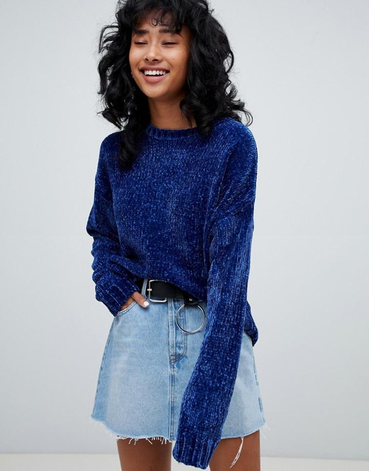 Pull & Bear Chenille Long Sleeved Sweater In Cobalt Blue - Blue