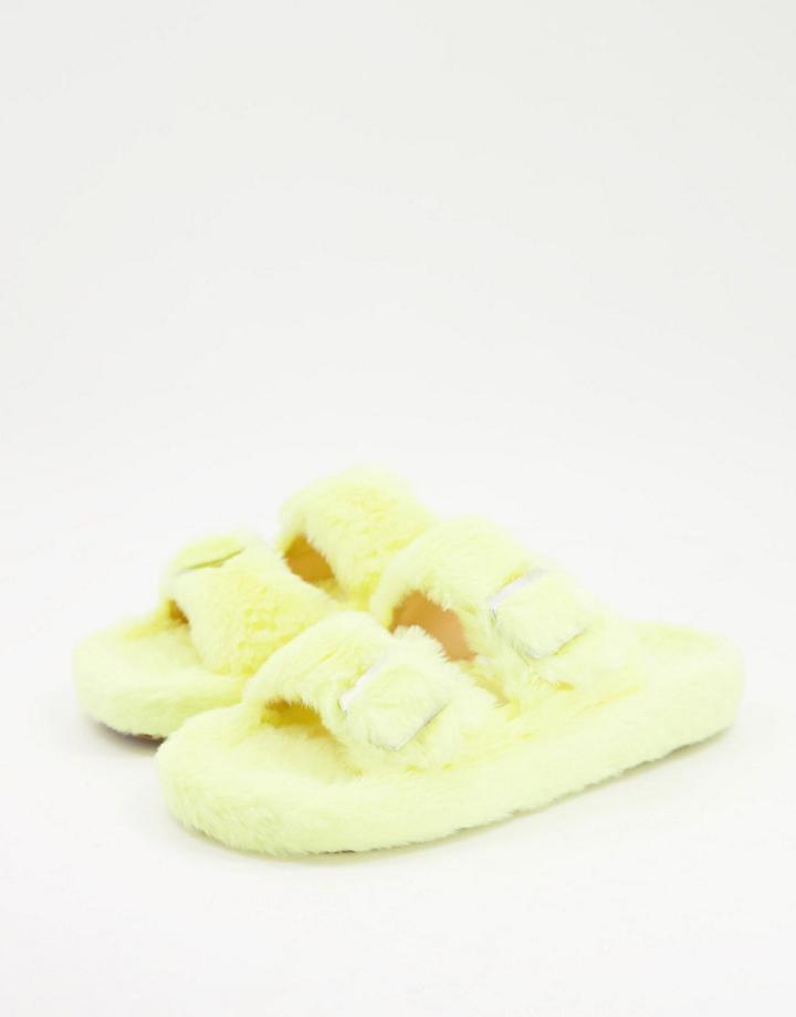 Simmi London Lotus Fluffy Buckle Slippers In Yellow