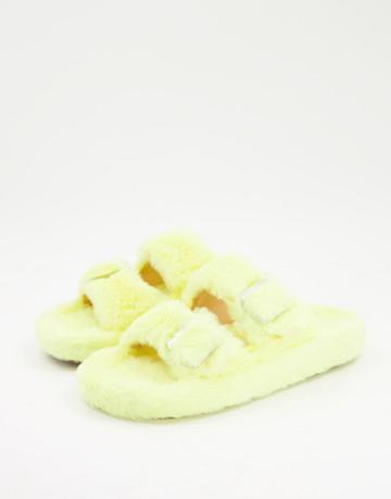 Simmi London Lotus Fluffy Buckle Slippers In Yellow