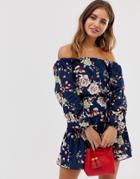 Parisian Off Shoulder Skater Dress In Navy Floral - Navy