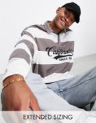 Asos Design Oversized Long Sleeve Polo In Beige Stripe With California Print-neutral