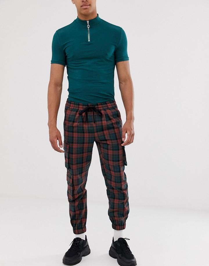 Asos Design Tapered Cargo Sweatpants In Check - Green