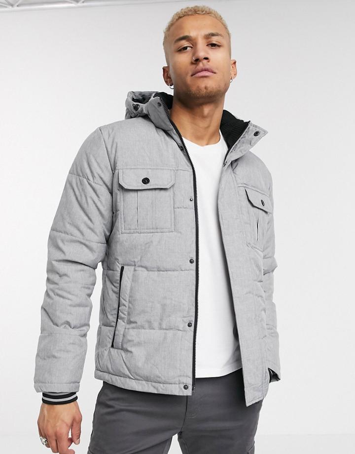 Jack & Jones Core Puffer Jacket With Hood In Light Gray-grey