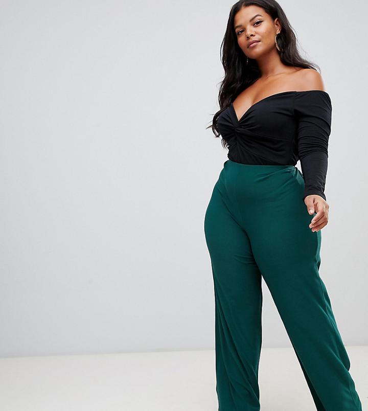 Prettylittlething Plus Wide Leg Pants In Green - Green