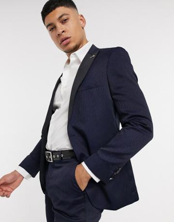 Shelby & Sons Slim Fit Suit Jacket With Sateen Lapel In Navy Deco Jacquard