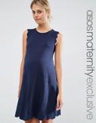 Asos Maternity Shift Dress With Scallop Detail - Navy