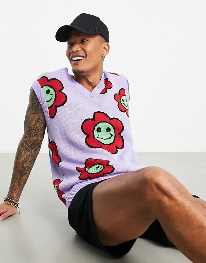 Asos Design Knitted Tank With Wonky Flower Jacquard-purple