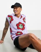 Asos Design Knitted Tank With Wonky Flower Jacquard-purple