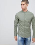 Asos Design Skinny Shirt With Grandad Collar In Light Khaki - Green