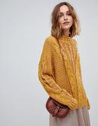 Moon River Mock Neck Cable Knit Mustard Sweater - Yellow