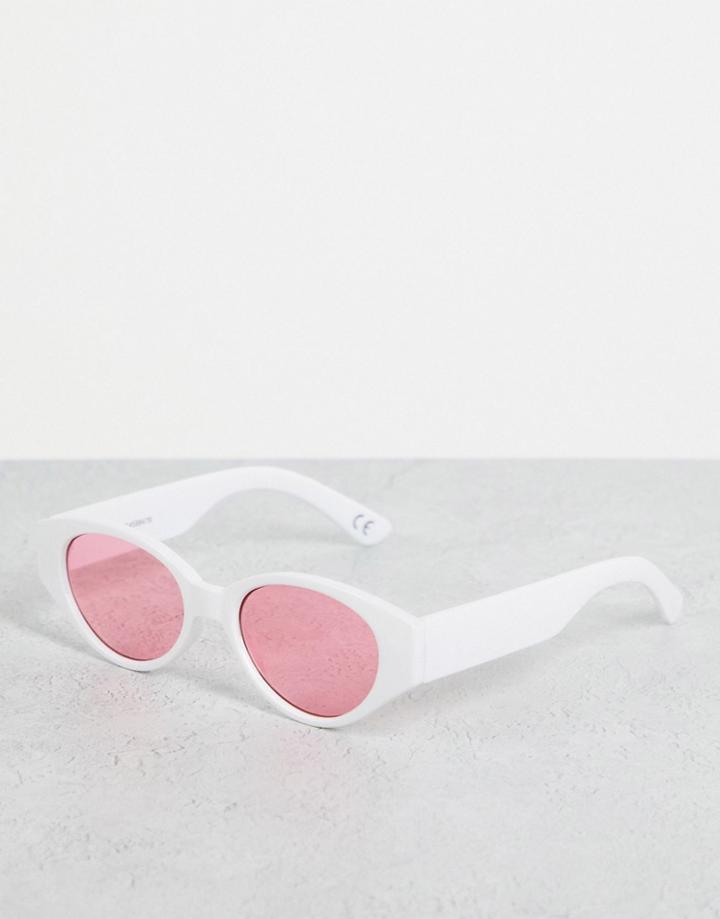 Asos Design Retro Oval Sunglasses With Pink Lens In White - White