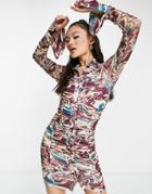 Fashionkilla Long Sleeve Button Ruched Detail Mini Dress In Multi