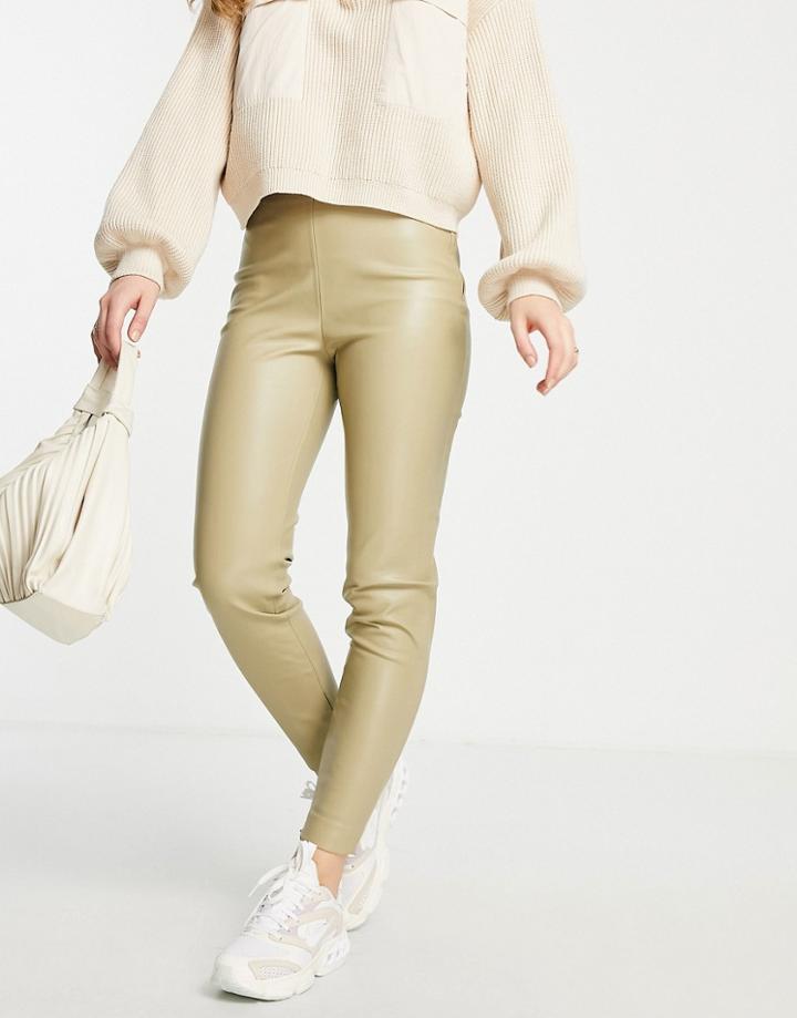 Mango Faux Leather Pants With Side Slit In Light Green