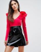 Club L V Neck Frill Detailed Shoulder Top - Red