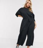 Asos Design Curve Lounge Jersey Slub Tie Waist Casual Jumpsuit In Black