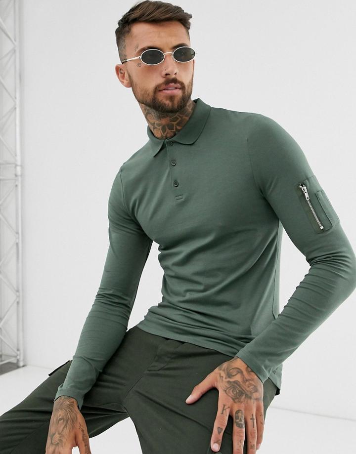 Asos Design Skinny Long Sleeve Polo Shirt With Ma1 Pocket In Khaki