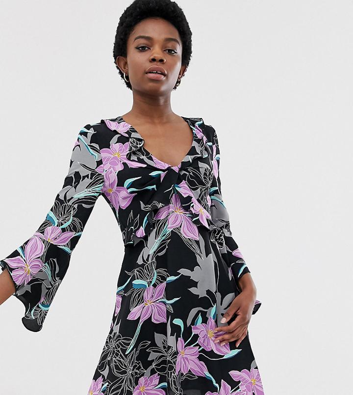 River Island Petite Floral Print Frill Front Tea Dress - Black