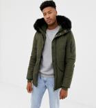 Sixth June Parka Coat In Khaki With Black Faux Fur Hood Exclusive To Asos - Green