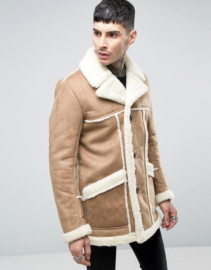 Asos Faux Shearling Overcoat In Camel - Beige