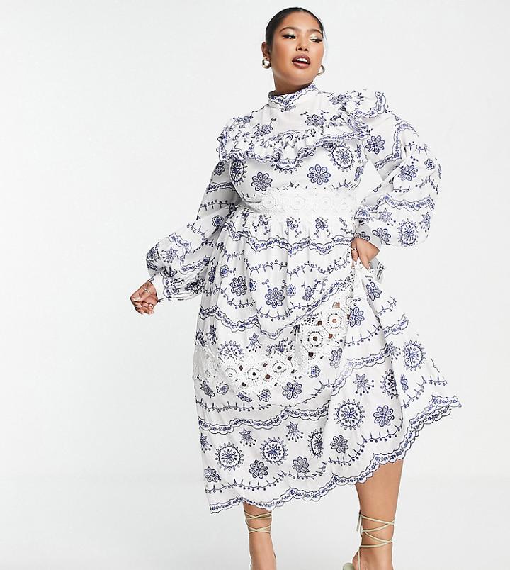 Asos Edition Curve Eyelet Blouson Sleeve Midi Dress With Contrast Embroidery-blue