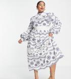 Asos Edition Curve Eyelet Blouson Sleeve Midi Dress With Contrast Embroidery-blue