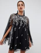 Asos Design Mini Dress With Heavily Embellished Cape - Black