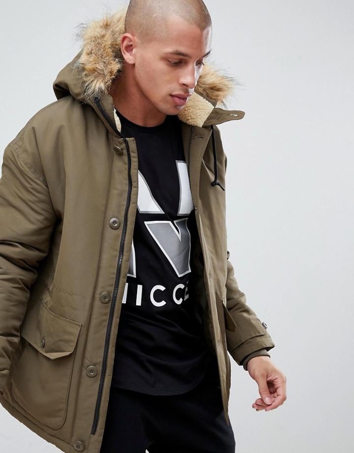 Nicce Parka Jacket In Green With Fur Hood - Green
