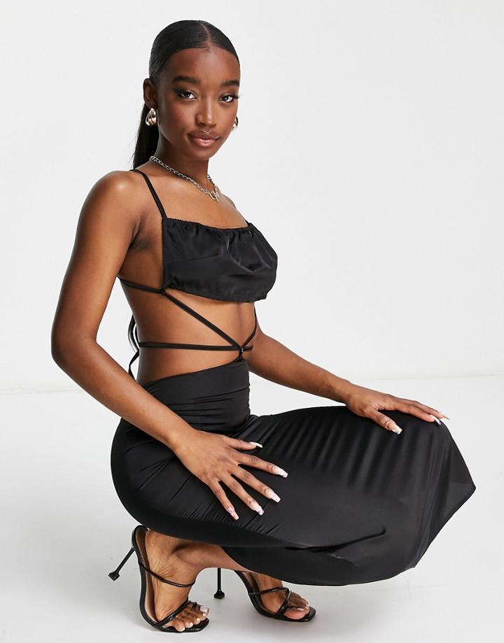 Naanaa Strappy Satin Body-conscious Midi Dress In Black