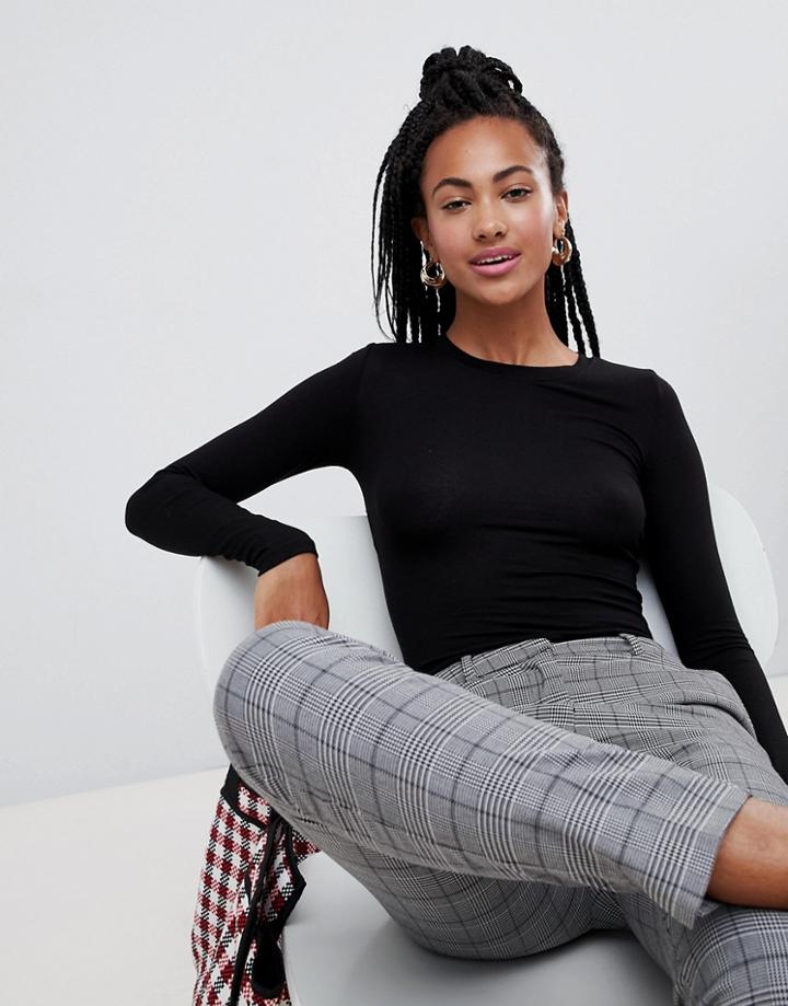 Monki Long Sleeve Crew Neck Jersey Top In Black - Black
