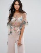 Missguided Sheer Embroidered Top - Beige